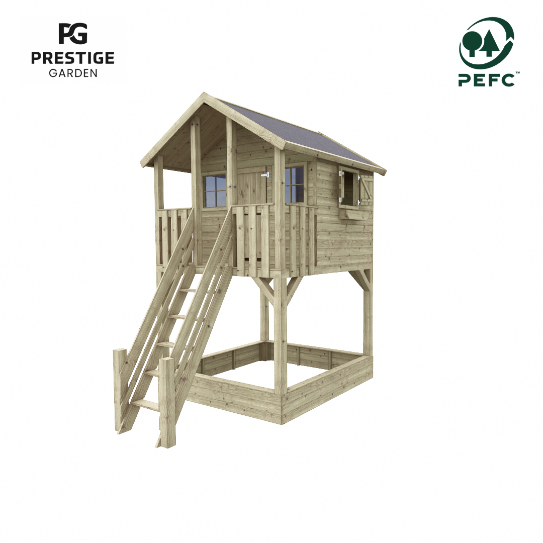 Hoog speelhuis met zandbak