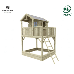 Duurzaam houten speelhuis met zandbak en zijplatform