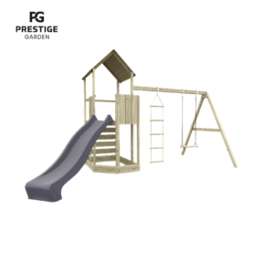 Speeltoestel met antraciet grijze glijbaan en zandbak