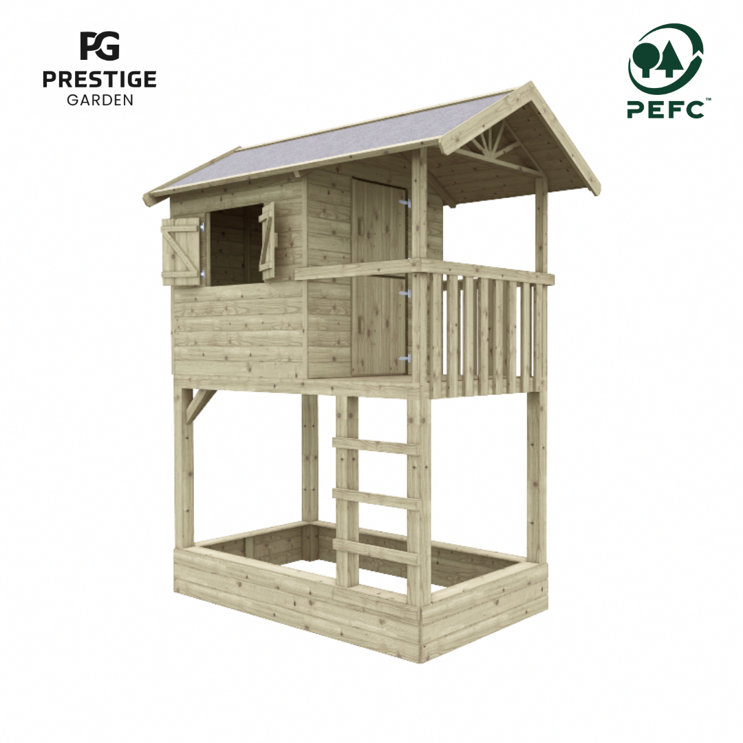 Compact hoog houten speelhuis met zandbak