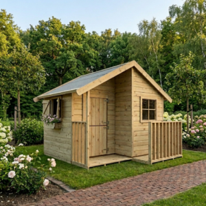 gezellig groot houten speelhuis op de grond