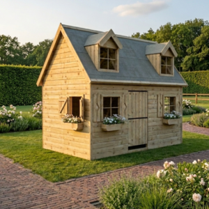 luxe houten speelhuis met bloembakken, dakkapel en verdieping