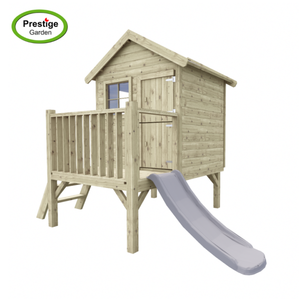 Maisonnette en bois Funny L avec toboggan et balançoire simple – Prestige Garden – Image 2