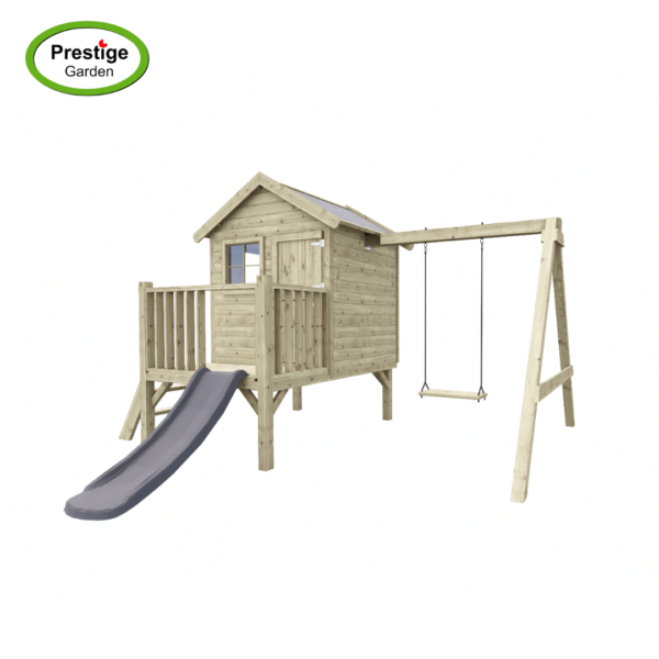 Maisonnette en bois Funny L avec toboggan et balançoire simple – Prestige Garden