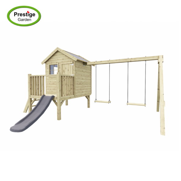 Maisonnette en bois Funny L avec balançoire double et toboggan – Prestige Garden