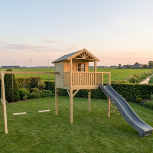 Maisonnette en bois Funny XXL avec balançoire double et toboggan – Prestige Garden