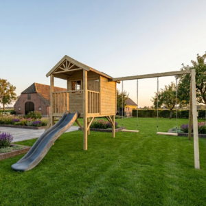 houten speelhuis met dubbele schommel