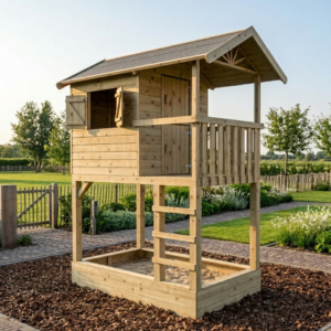 houten speelhuis met zandbak