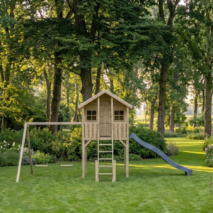 Maisonnette en bois Big House Tom avec balançoire double et toboggan – Prestige Garden