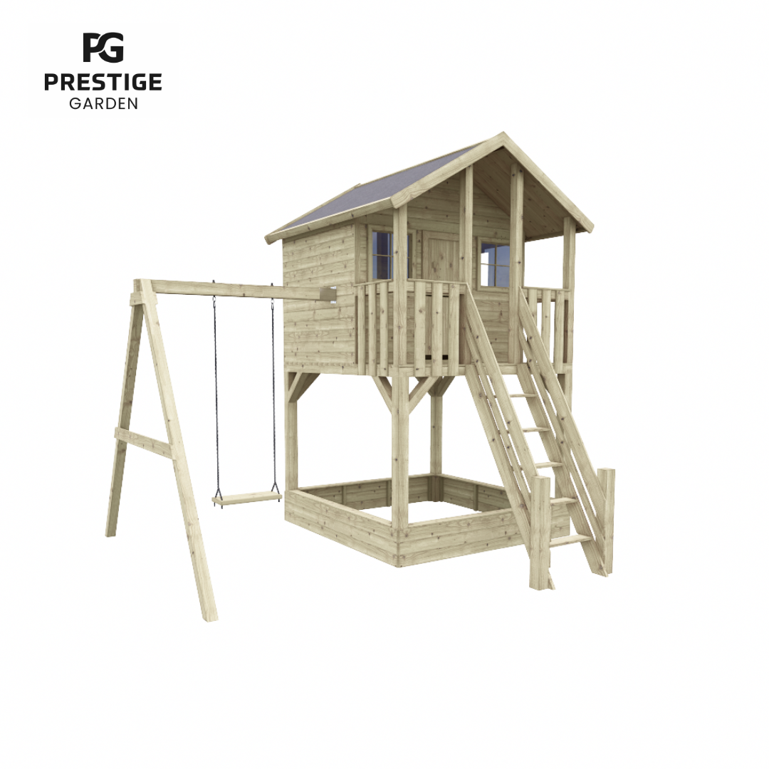 houten speelhuis met zandbak