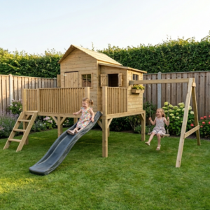 leuk luxe houten speelhuis met schommel en glijbaan