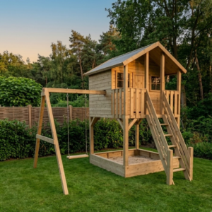 houten speelhuis met zandbak en schommel