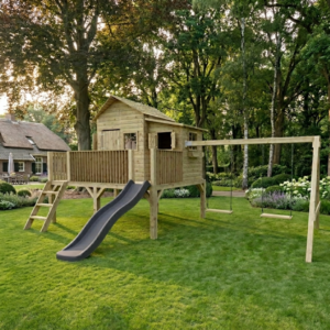 houten speelhuis dubbele schommel 