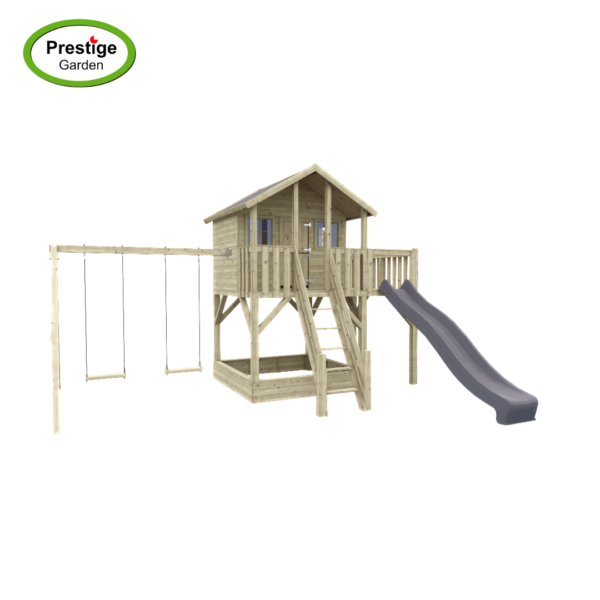 Maison de jeux en bois Big House XL avec bac à sable, balançoire double et toboggan – Prestige Garden