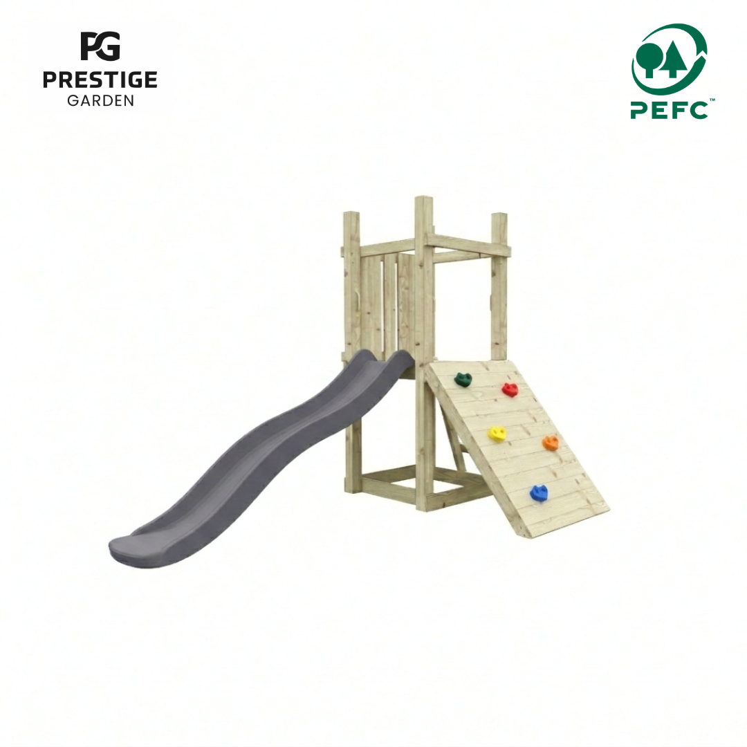 Mooie stevige speeltoren met glijbaan en klimwand