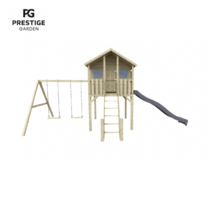 Groot speelhuis met lange glijbaan en schommel