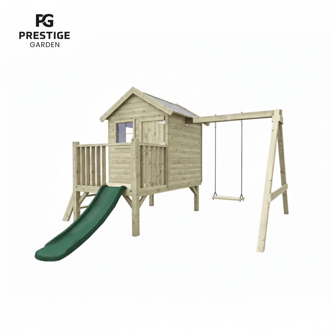 Prachtig speelhuisje met kleine houten aanbouwschommel